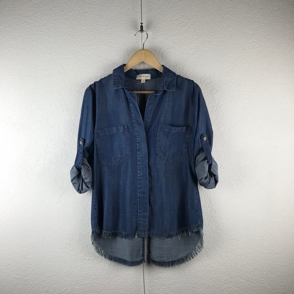 Anthropologie l XS Cloth & Stone Denim Chambray Roll Tab Sleeve Raw Hem Shirt